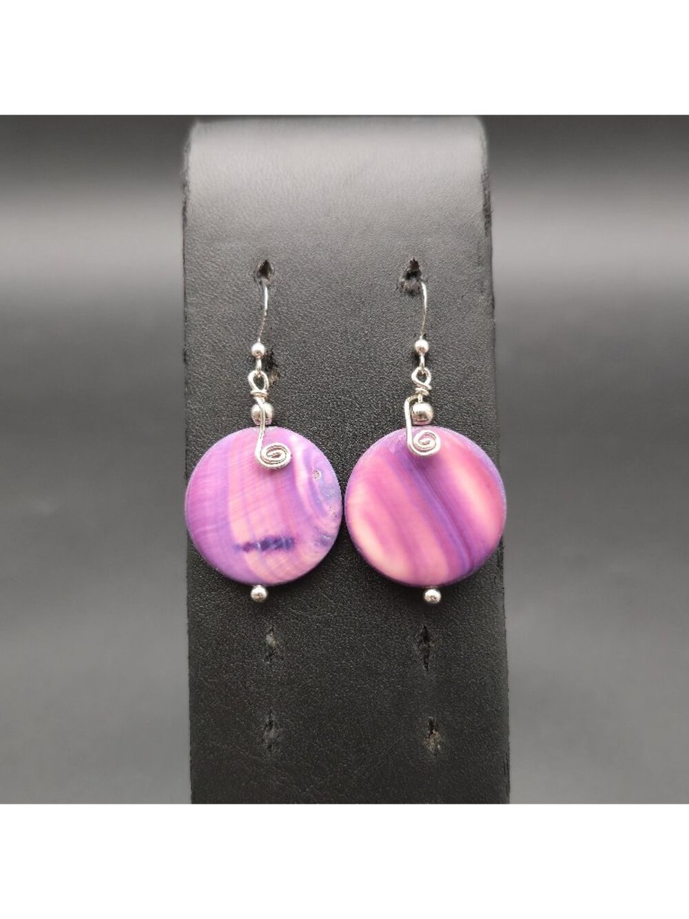 Sterling Silver Purple Mother of Pearl Round Disc Wire Wrapped Earrings A8725